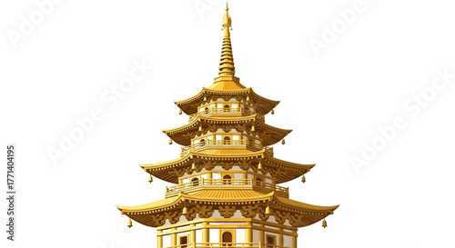 Opulent golden tiered pagoda illustration, a meticulously crafted East Asian architectural marvel, symbolizing spiritual tranquility and cultural heritage