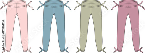 Set of women's leggings in pastel colors with ankle tie bows and drawstring waist, fashion flat technical sketch vector illustration for apparel design