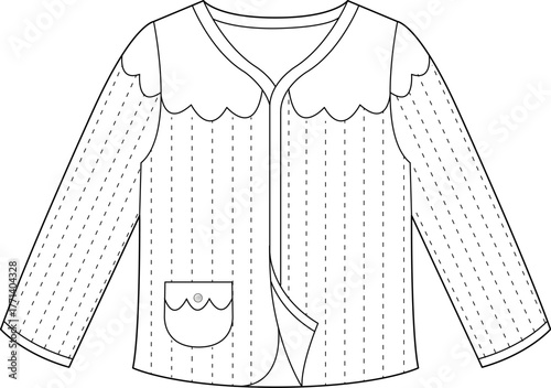 Technical flat sketch of a baby's quilted long-sleeve jacket with a scalloped yoke and patch pocket. Vector line art drawing for apparel design