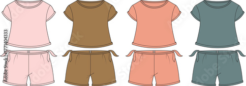 Collection of comfortable and stylish loungewear sets featuring t-shirts and shorts in various pastel colors, perfect for relaxation and casual wear