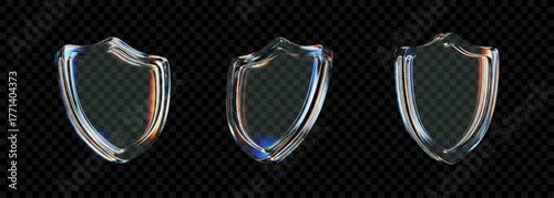Set of 3D transparent glass shield icon with holographic gradient and light refraction effects on a dark background. Modern security, privacy protection, and data defense symbol.