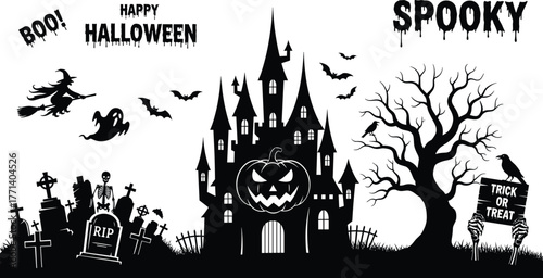 Halloween haunted castle silhouette, spooky graveyard, witch, ghost, bats, trick or treat sign, CAD flat vector illustration, black white