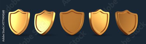 3D realistic golden shield icons set. Glossy metal protection badges symbolizing security, defense, privacy, and safety. Luxurious golden armor emblems isolated on white. Vector illustration.