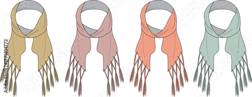 Four Scarves in Different Pastel Colors Displayed Side-by-Side with Fringed Ends