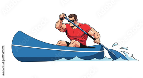 Dynamic Illustration of a Powerful Male Athlete Navigating Waters in a Blue Canoe with Vigorous Paddle Strokes and Splashing Water