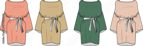 A collection of four stylish casual women's tops in various colors, showcasing a relaxed fit and decorative belt detail