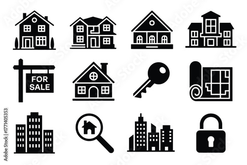 Real Estate Icons Set House Building Property For Sale Key And Lock home