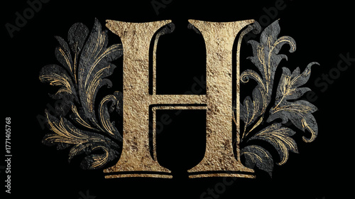 Luxury Golden Textured Letter H with Vintage Ornate Decorative Flourishes on Black Background, Elegant Initial Typography