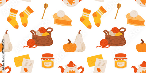 Cozy autumn hygge seamless pattern, warm fall vector illustration with pumpkin pie, sweater, tea pot, candle, cinnamon, apples, yarn, honey and pumpkin, cute cozy home decor fall season design