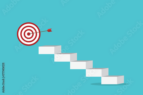 Goal, motivation to success. Climb up stairs to reach goal target on the top.	