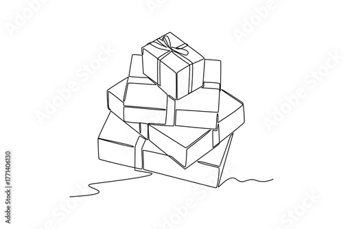 Simple continuous line draw of various examples of gifts. Simple line, creativity, vector.