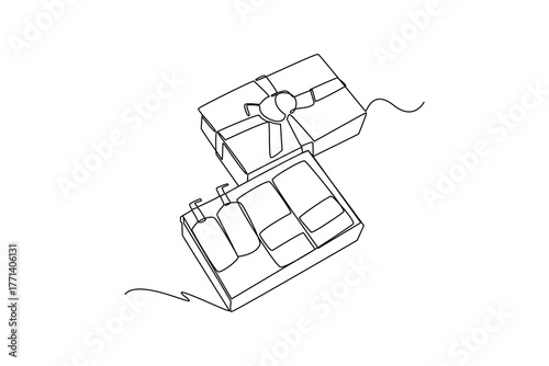 Simple continuous line draw of various examples of gifts. Simple line, creativity, vector.