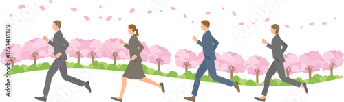 Business people running under cherry blossoms, spring commute and new start concept