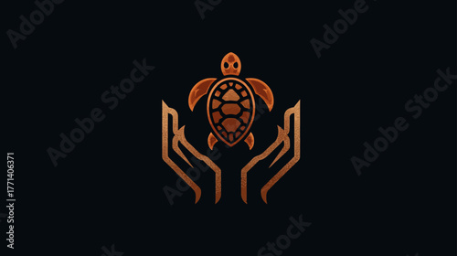 Caring hands protecting a sea turtle, symbolizing marine life conservation, wildlife rescue, and environmental protection. Graphic art.