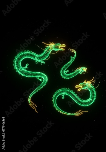 Illuminated Dragon Artistry: Enigmatic dragons, radiating an ethereal green glow, intertwine against a canvas of midnight black, weaving a mesmerizing tale of myth and magic.