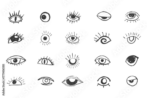 Eyes Crazy set doodle black eyes. Open eye creative hand drawn human parts of faces elements, various opened eyes. Black ink vision icon, hand drawn grunge ophthalmologist symbol, drawn charcoal eyes