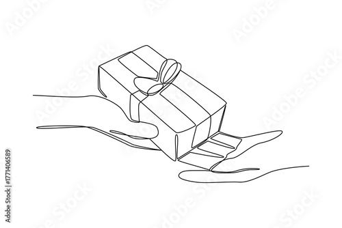 Simple continuous line draw of various examples of gifts. Simple line, creativity, vector.