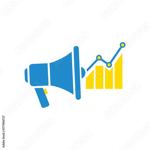 Megaphone announces positive trend in business chart showing growth and success in financial market, representing marketing campaign and achievement.