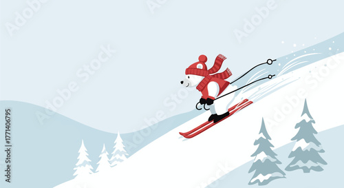 Playful Polar Bear's Thrilling Downhill Ski Adventure in a Whimsical Winter Wonderland Illustration, Perfect for Seasonal Holiday Designs and Children's Content