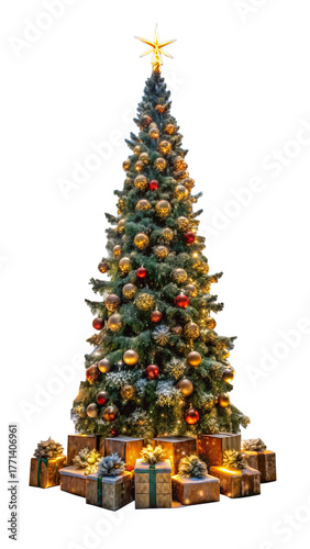 3d illustration of a beautifully decorated christmas tree with ornaments and presents at its base, isolated on transparent background