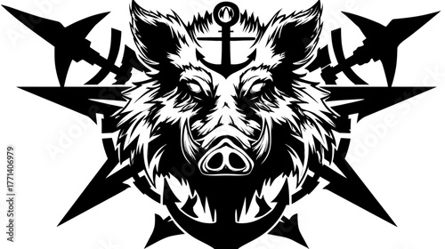 Detailed aggressive wild boar head graphic with nautical anchors and sharp star shapes, black and white vector illustration