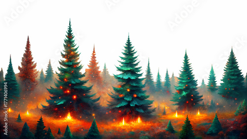3d illustration of enchanting forest scene with illuminated christmas trees and glowing lights, creating a magical winter atmosphere isolated on transparent background