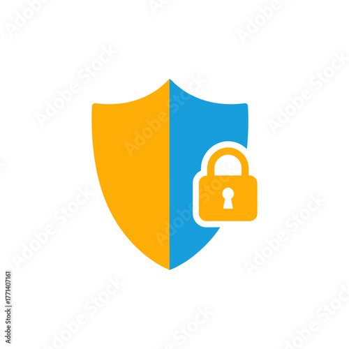 Golden shield protects data with padlock in digital space, symbolizing security and privacy with a modern, trustworthy feel.