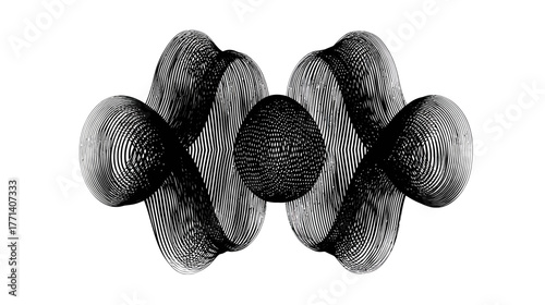 Dynamic abstract black and white 3D render depicting a symmetrical futuristic molecular structure, quantum energy, or data concept.