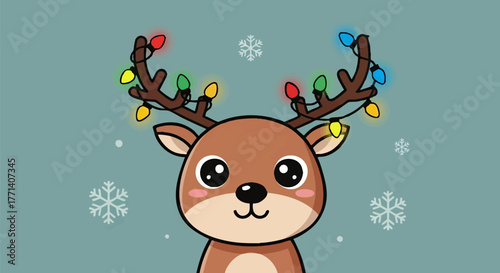 Adorable cartoon reindeer with festive string lights wrapped around its antlers, surrounded by delicate snowflakes on a soft winter backdrop, perfect for holiday season designs