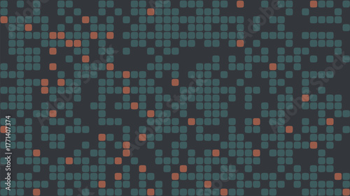 A scattered arrangement of teal and orange squares against a dark gray background pattern design art