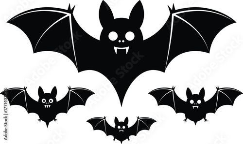 Halloween vampire bats illustration, spooky flying creatures with fangs, scary dark night design, horror themed vector artwork, creepy bat silhouettes