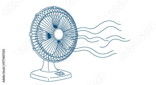 A simple blue line drawing illustration of an electric desk fan with a protective grille, blowing wavy lines of cool air to the right.