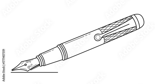 A classic fountain pen, shown in detailed black and white line art, poised as if writing on a surface, highlighting its elegant design and historical appeal.