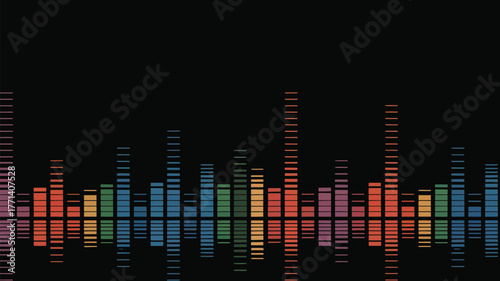 Colorful graphic equalizer bars reflecting on a dark surface in a horizontal arrangement