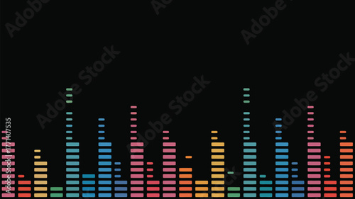 A graphic equalizer display showing colorful bars against a solid black background design element