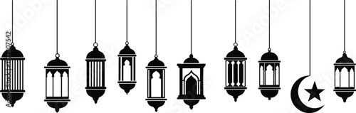 Islamic lantern silhouette set, crescent moon and star, Ramadan Eid decoration, hanging ornaments, black vector, CAD flat illustration
