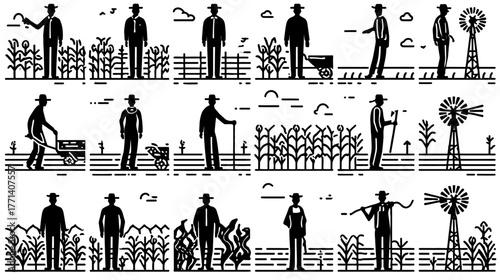 Farming Agriculture Process Icons Set: Farmers Working with Corn Crops, Planting, Cultivating, Harvesting, Rural Farm Life Line Art Vector Illustrations