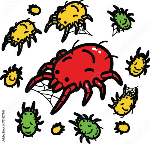 A swarm of cartoon mites and spiders in red yellow and green colors fill the white background illustration