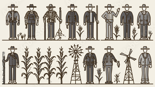Flat design vector illustration featuring stylized farmers, growing corn plants, and windmills, symbolizing agriculture, rural life, and harvest.