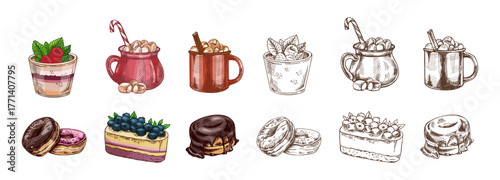 Hand drawn vintage sketch set of waffles, donuts and hot chocolate mugs with marshmallows, color and monochrome version