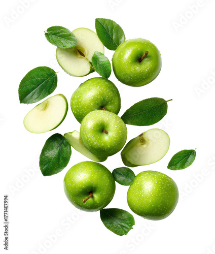 Wallpaper Mural Fresh green apples with leaves on food isolated on transparent background Torontodigital.ca