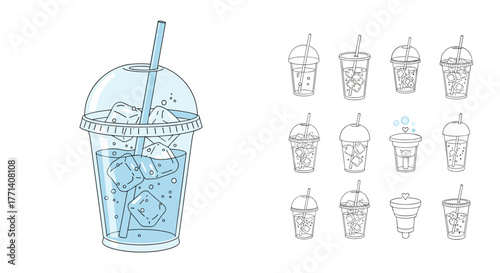 Refreshing iced drink in a clear plastic cup with a straw and ice cubes, accompanied by a collection of minimalist line art illustrations of cold beverages.