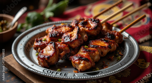 - Grilled chicken skewers on metal plate, barbecue style, brown glaze
