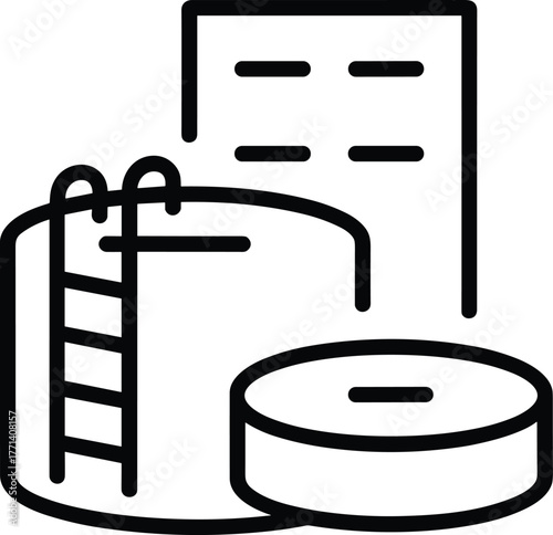 Minimalist line art icon of industrial water treatment plant, modern purification system symbol, clean technology outline vector design