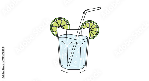 A refreshing glass of sparkling water with lime slices and a straw, depicted in a simple, clear illustration style.