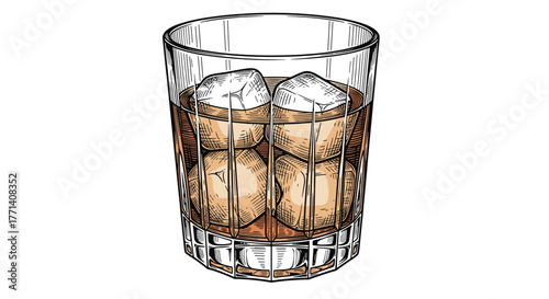 A classic tumbler glass filled with amber-colored whiskey and several ice cubes, depicted in a hand-drawn, vintage style illustration on a white background.