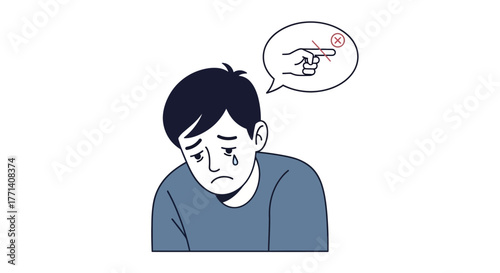 Illustration of a sad person and a thought bubble with a crossed-out hand, symbolizing bullying