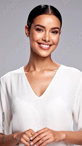 Portrait of a woman with a warm smile, wearing white, against a gray background