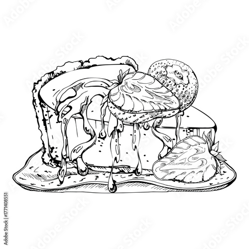 Cheesecake garnished with sliced strawberries and rich melted chocolate drizzle on ceramic plate, hand drawn in vector ink. Recipe e-book illustrations, patisserie or cafe branding, artisanal dessert