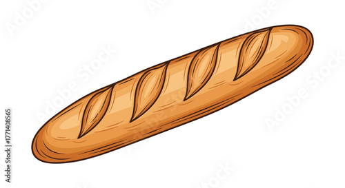 A classic French baguette in a charming cartoon illustration, featuring its golden brown crust and signature diagonal slashes, isolated on white.
